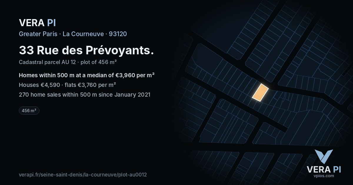 33 Rue des Prévoyants, La Courneuve at night – the plot lit, the parcels around coloured by the prices near them