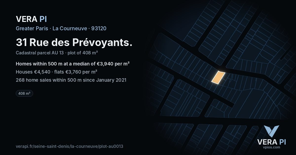 31 Rue des Prévoyants, La Courneuve at night – the plot lit, the parcels around coloured by the prices near them