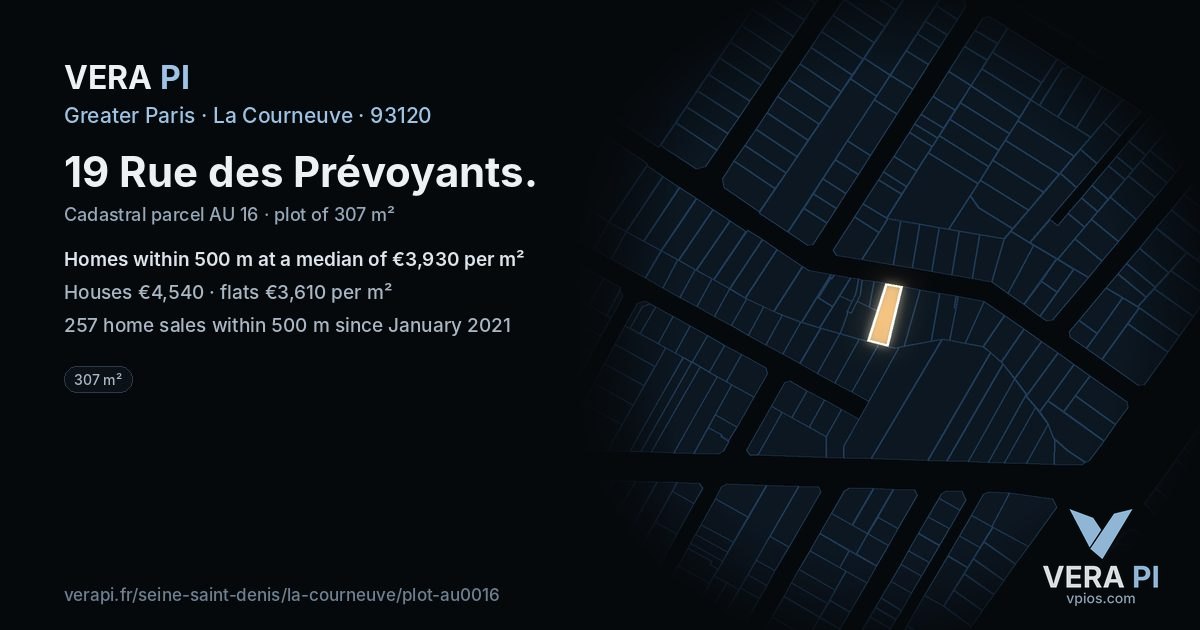 19 Rue des Prévoyants, La Courneuve at night – the plot lit, the parcels around coloured by the prices near them