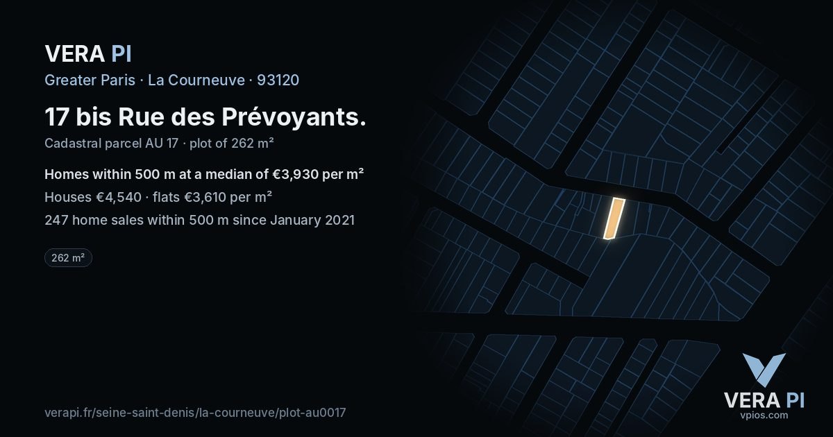 17 bis Rue des Prévoyants, La Courneuve at night – the plot lit, the parcels around coloured by the prices near them