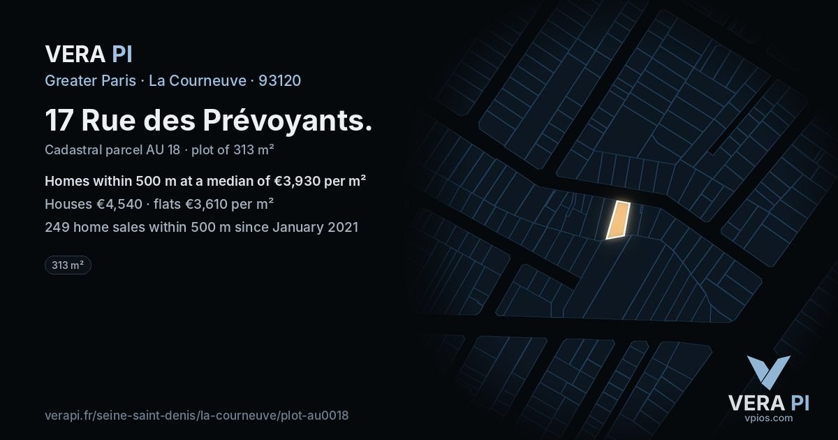 17 Rue des Prévoyants, La Courneuve at night – the plot lit, the parcels around coloured by the prices near them