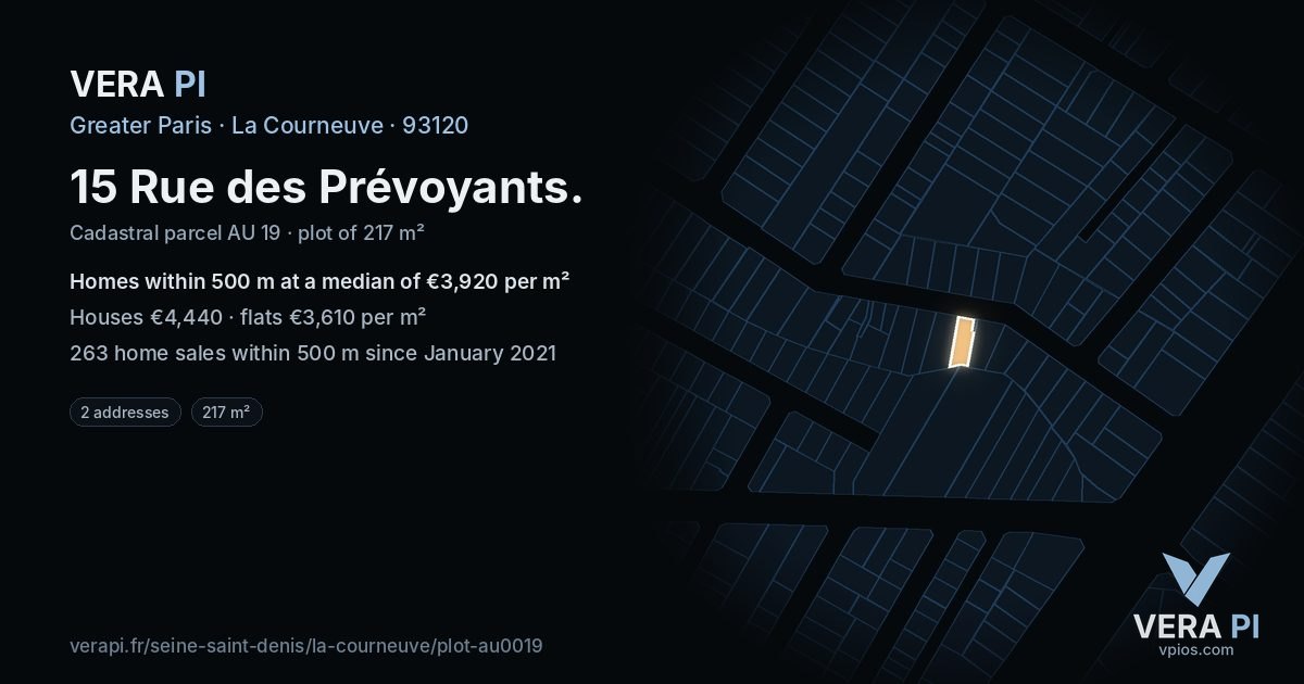 15 Rue des Prévoyants, La Courneuve at night – the plot lit, the parcels around coloured by the prices near them
