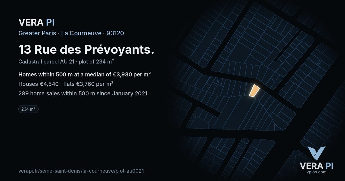 13 Rue des Prévoyants, La Courneuve at night – the plot lit, the parcels around coloured by the prices near them
