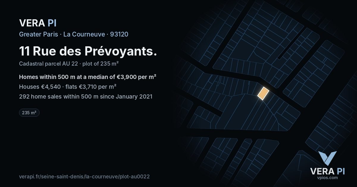 11 Rue des Prévoyants, La Courneuve at night – the plot lit, the parcels around coloured by the prices near them
