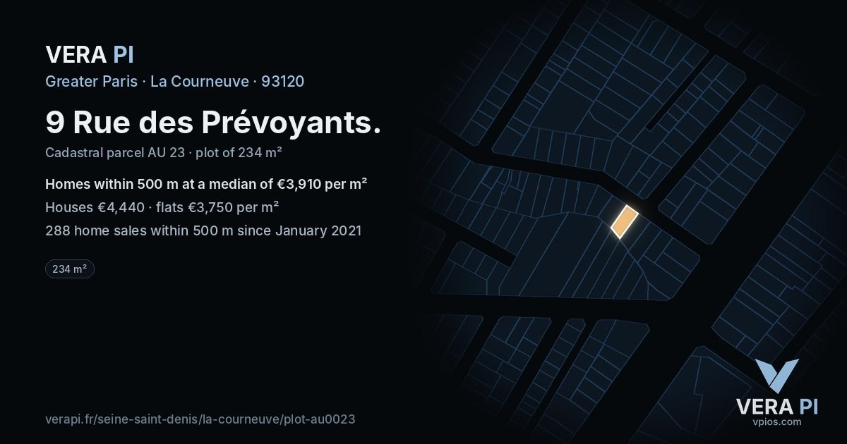 9 Rue des Prévoyants, La Courneuve at night – the plot lit, the parcels around coloured by the prices near them