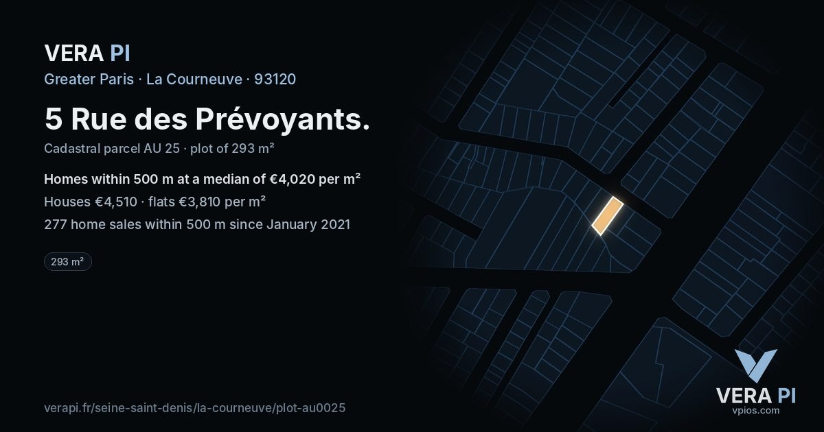 5 Rue des Prévoyants, La Courneuve at night – the plot lit, the parcels around coloured by the prices near them