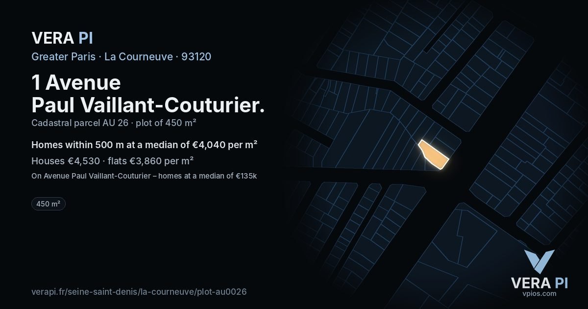 1 Avenue Paul Vaillant-Couturier, La Courneuve at night – the plot lit, the parcels around coloured by the prices near them