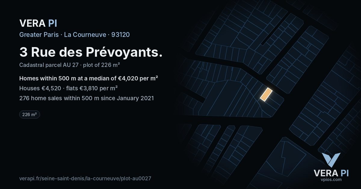 3 Rue des Prévoyants, La Courneuve at night – the plot lit, the parcels around coloured by the prices near them