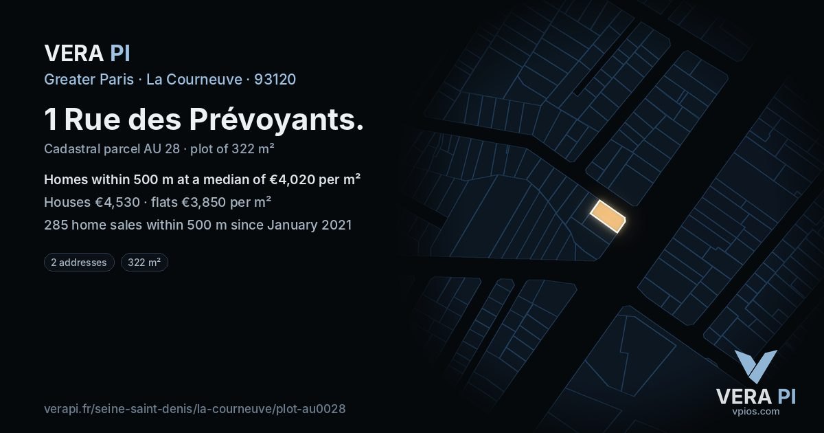 1 Rue des Prévoyants, La Courneuve at night – the plot lit, the parcels around coloured by the prices near them