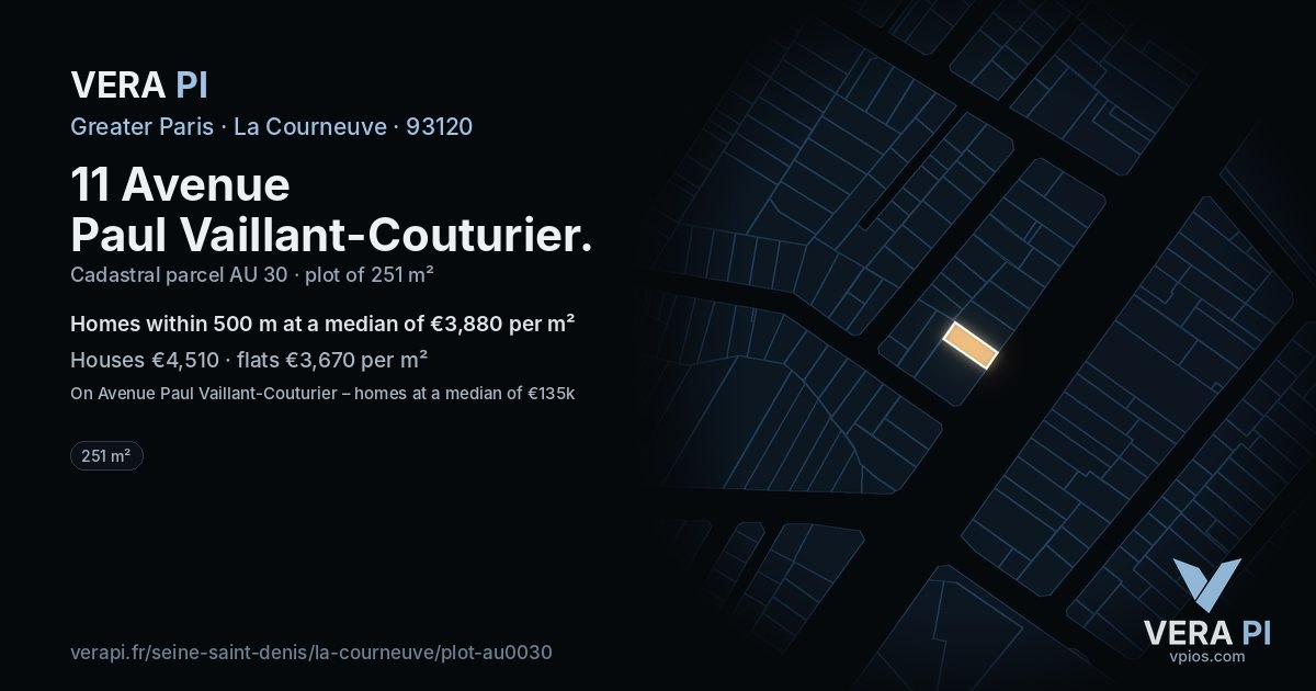 11 Avenue Paul Vaillant-Couturier, La Courneuve at night – the plot lit, the parcels around coloured by the prices near them