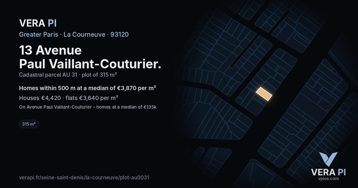 13 Avenue Paul Vaillant-Couturier, La Courneuve at night – the plot lit, the parcels around coloured by the prices near them