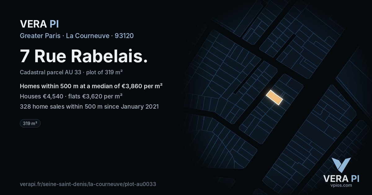 7 Rue Rabelais, La Courneuve at night – the plot lit, the parcels around coloured by the prices near them