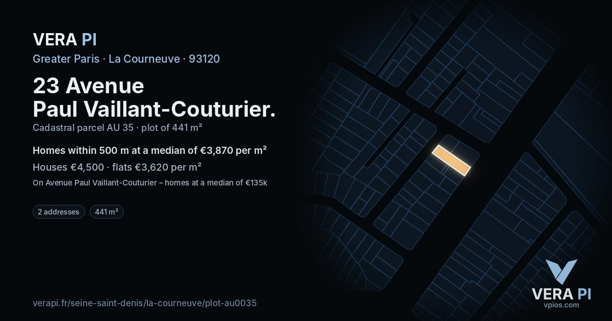 23 Avenue Paul Vaillant-Couturier, La Courneuve at night – the plot lit, the parcels around coloured by the prices near them