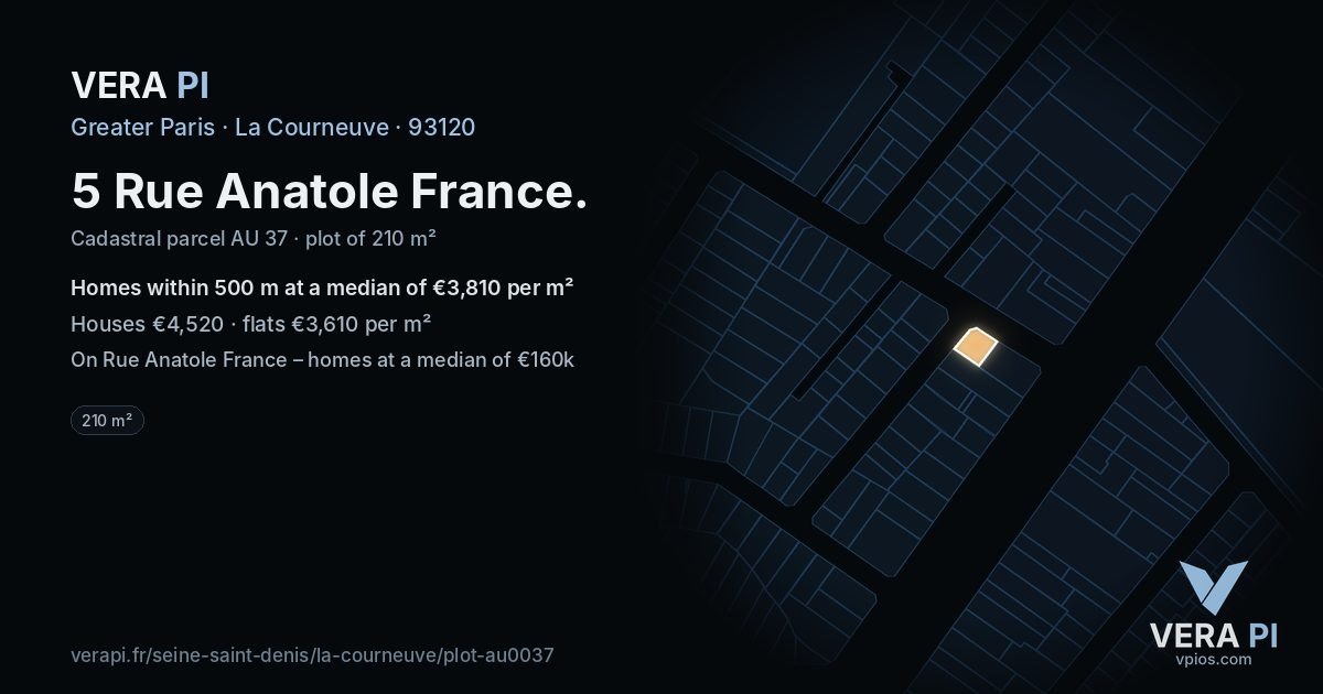 5 Rue Anatole France, La Courneuve at night – the plot lit, the parcels around coloured by the prices near them