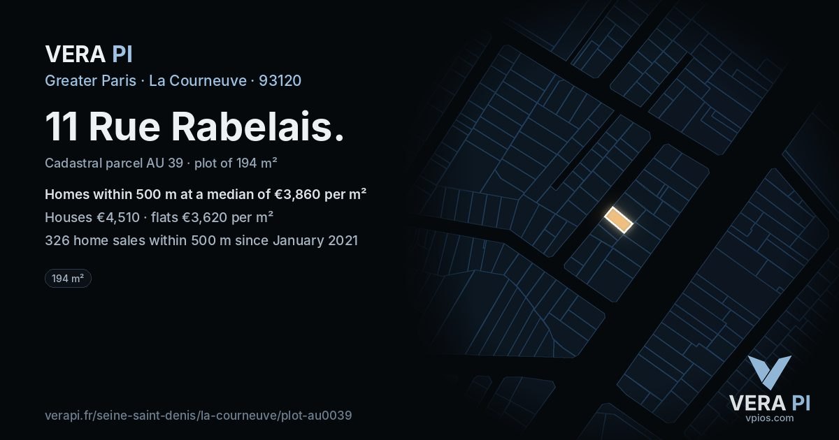 11 Rue Rabelais, La Courneuve at night – the plot lit, the parcels around coloured by the prices near them