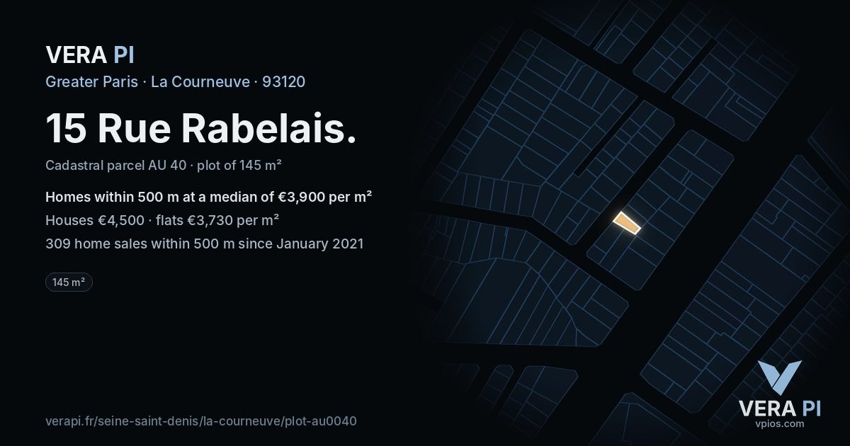 15 Rue Rabelais, La Courneuve at night – the plot lit, the parcels around coloured by the prices near them
