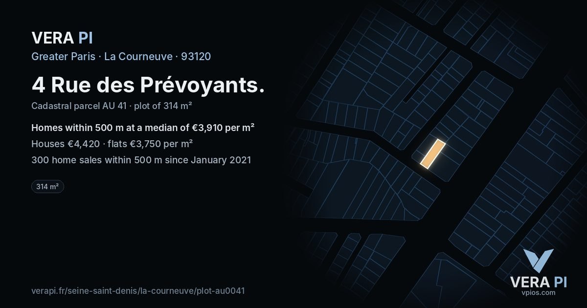 4 Rue des Prévoyants, La Courneuve at night – the plot lit, the parcels around coloured by the prices near them