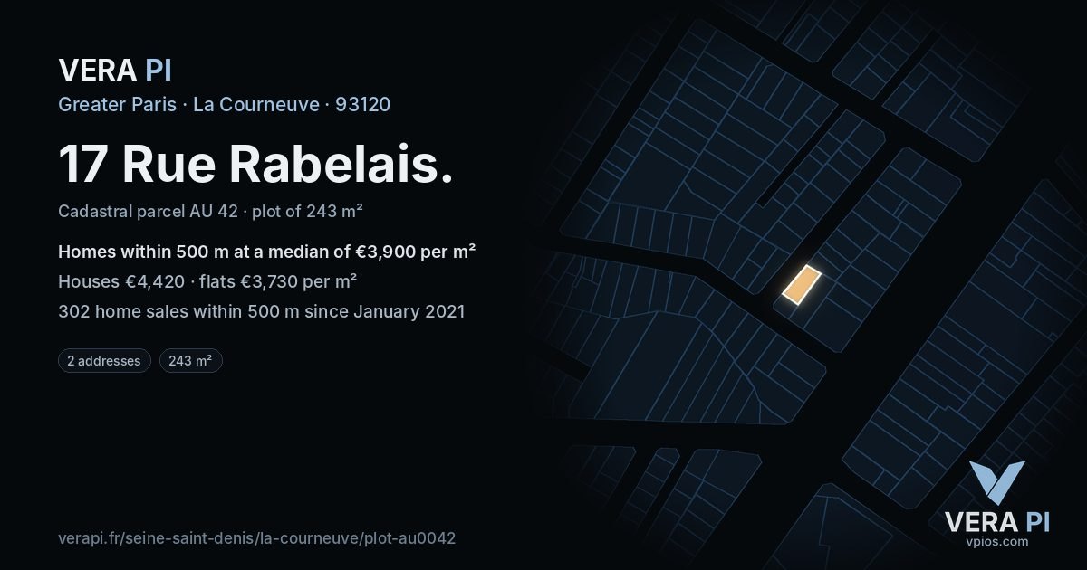 17 Rue Rabelais, La Courneuve at night – the plot lit, the parcels around coloured by the prices near them
