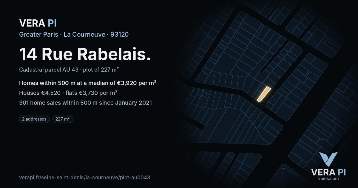 14 Rue Rabelais, La Courneuve at night – the plot lit, the parcels around coloured by the prices near them