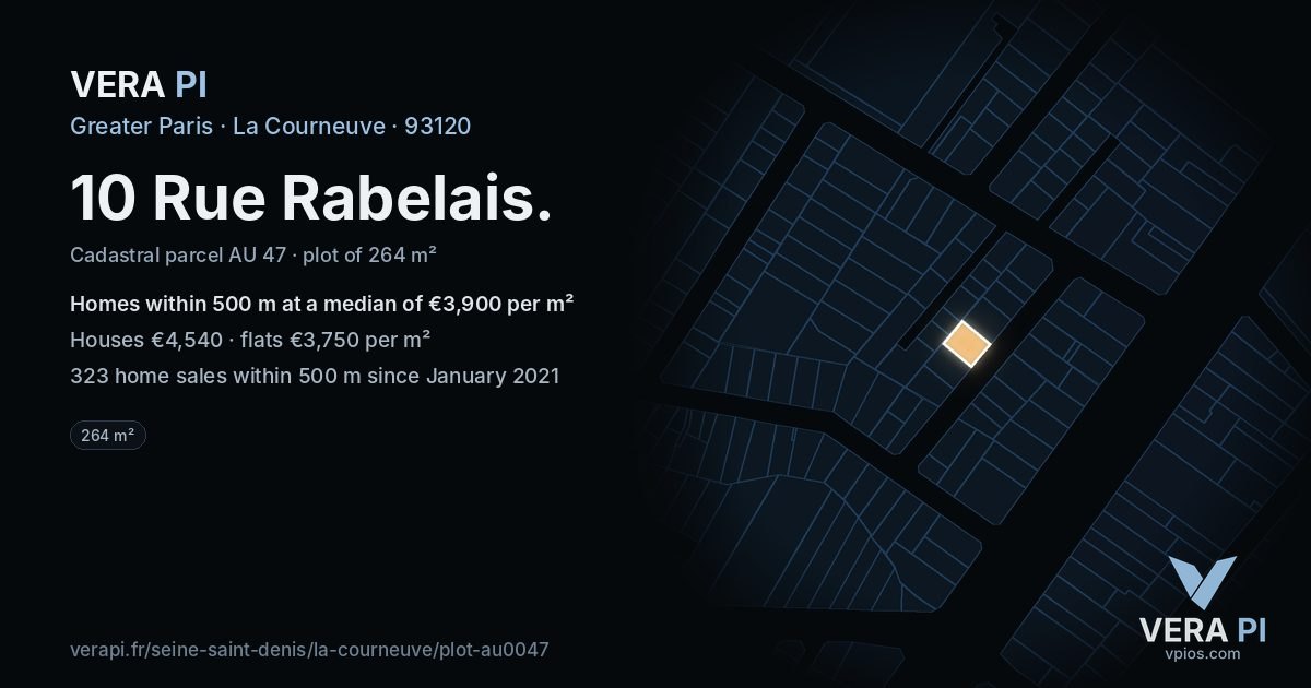 10 Rue Rabelais, La Courneuve at night – the plot lit, the parcels around coloured by the prices near them