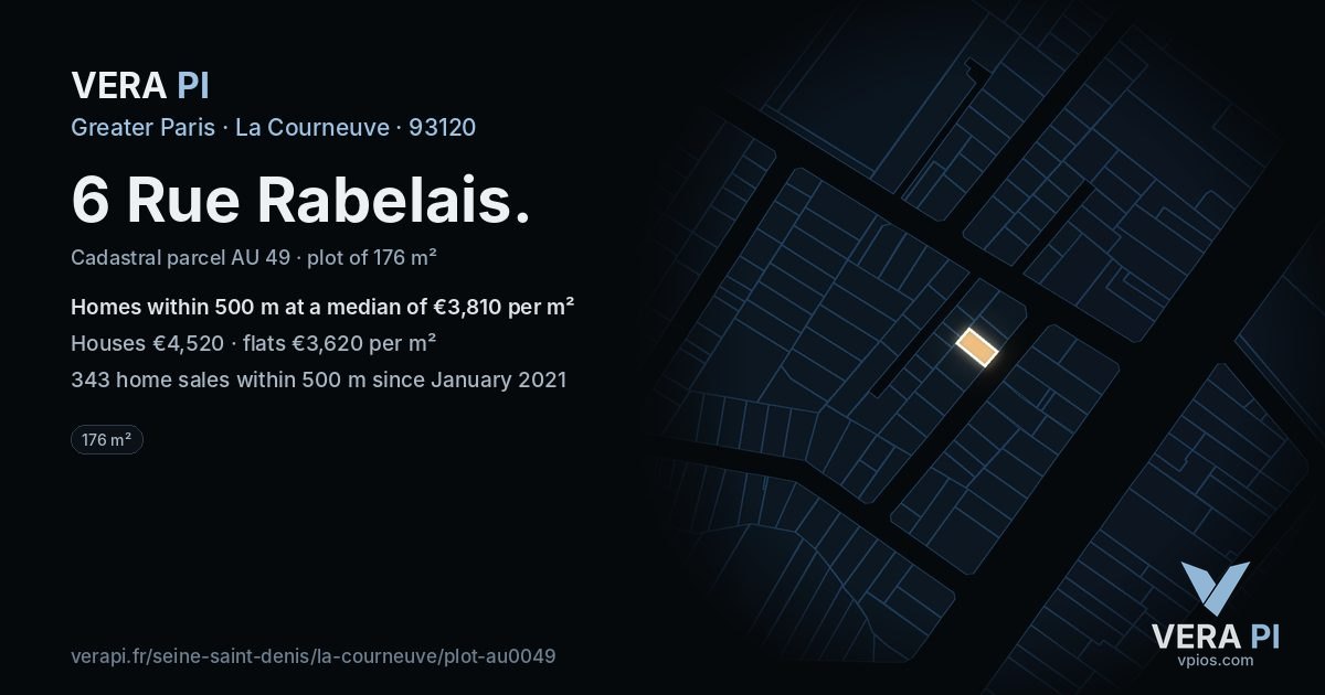 6 Rue Rabelais, La Courneuve at night – the plot lit, the parcels around coloured by the prices near them
