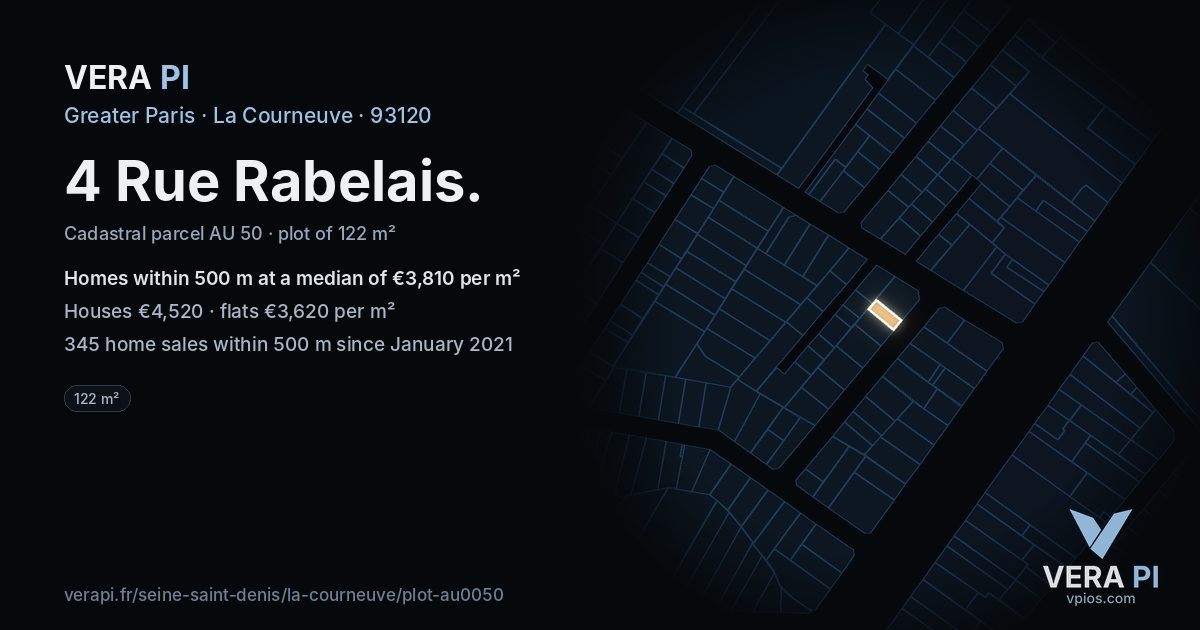4 Rue Rabelais, La Courneuve at night – the plot lit, the parcels around coloured by the prices near them