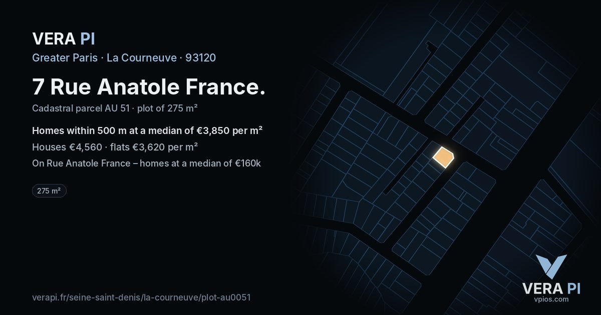 7 Rue Anatole France, La Courneuve at night – the plot lit, the parcels around coloured by the prices near them