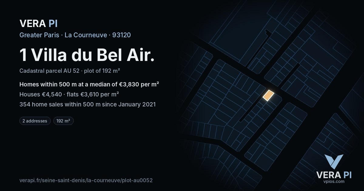 1 Villa du Bel Air, La Courneuve at night – the plot lit, the parcels around coloured by the prices near them