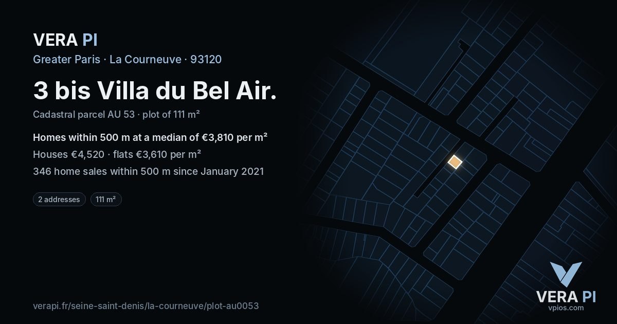 3 bis Villa du Bel Air, La Courneuve at night – the plot lit, the parcels around coloured by the prices near them