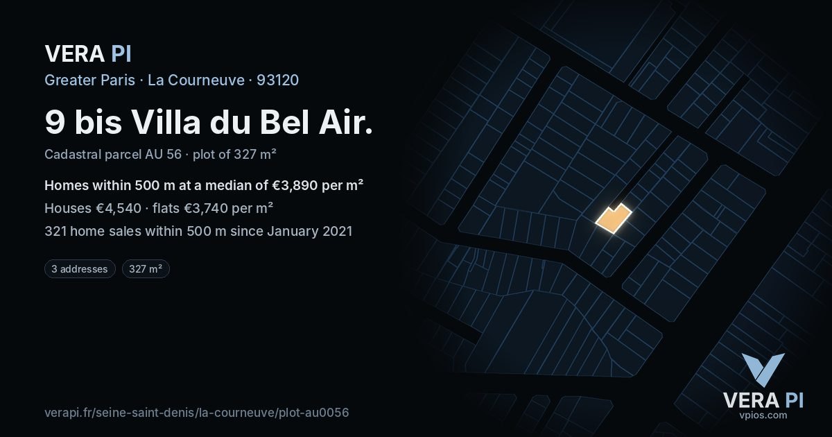 9 bis Villa du Bel Air, La Courneuve at night – the plot lit, the parcels around coloured by the prices near them