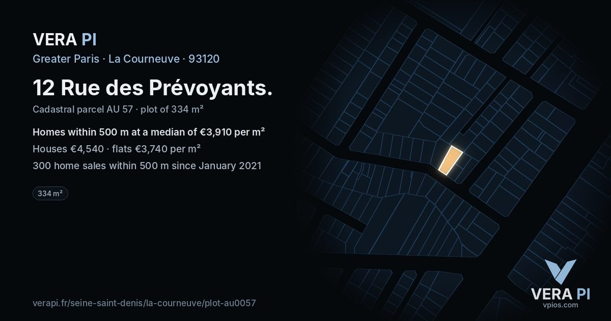 12 Rue des Prévoyants, La Courneuve at night – the plot lit, the parcels around coloured by the prices near them