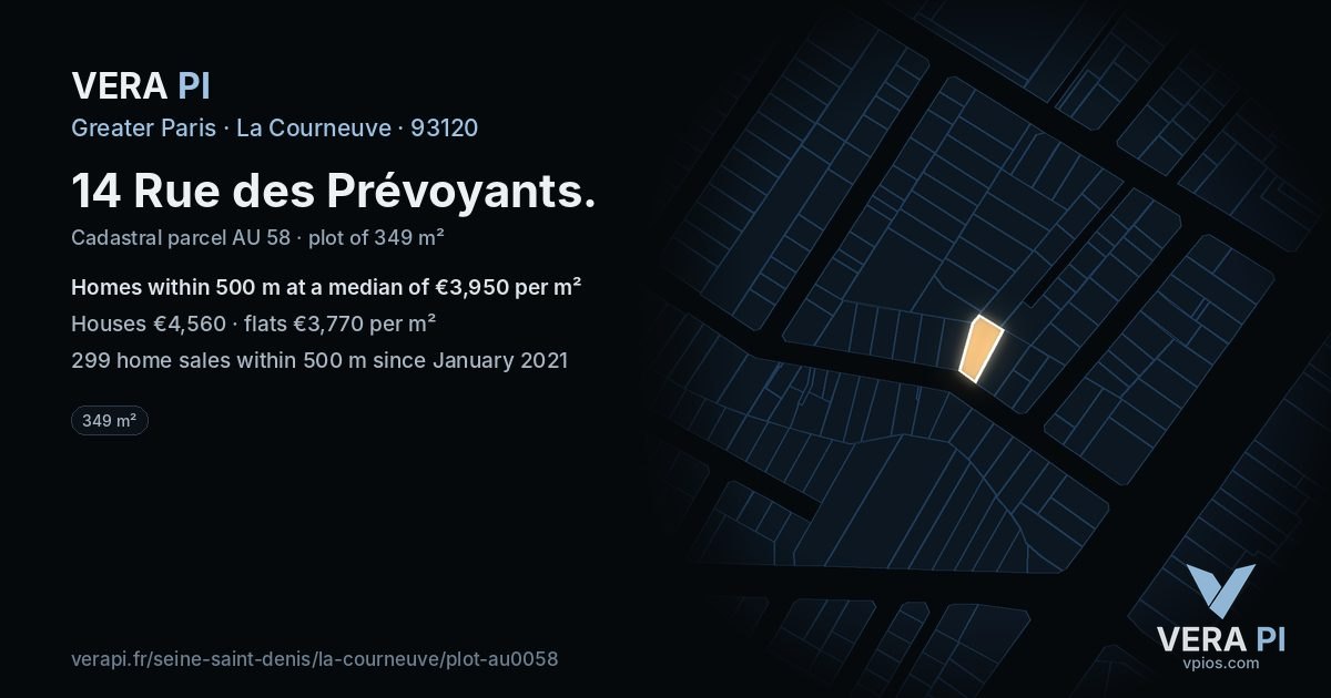 14 Rue des Prévoyants, La Courneuve at night – the plot lit, the parcels around coloured by the prices near them