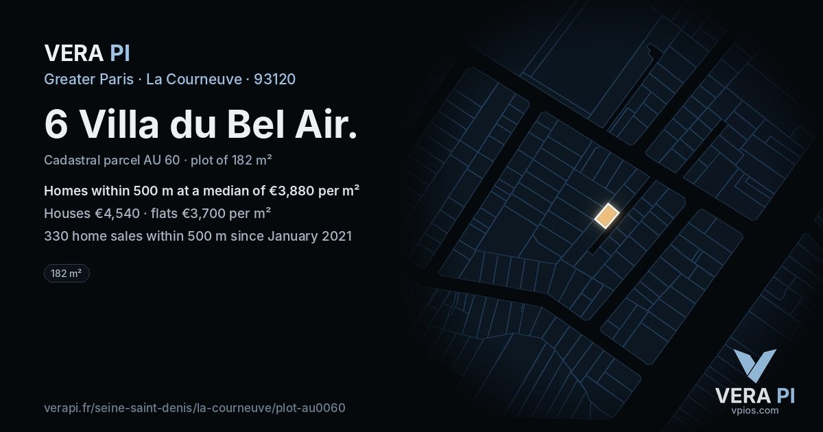 6 Villa du Bel Air, La Courneuve at night – the plot lit, the parcels around coloured by the prices near them