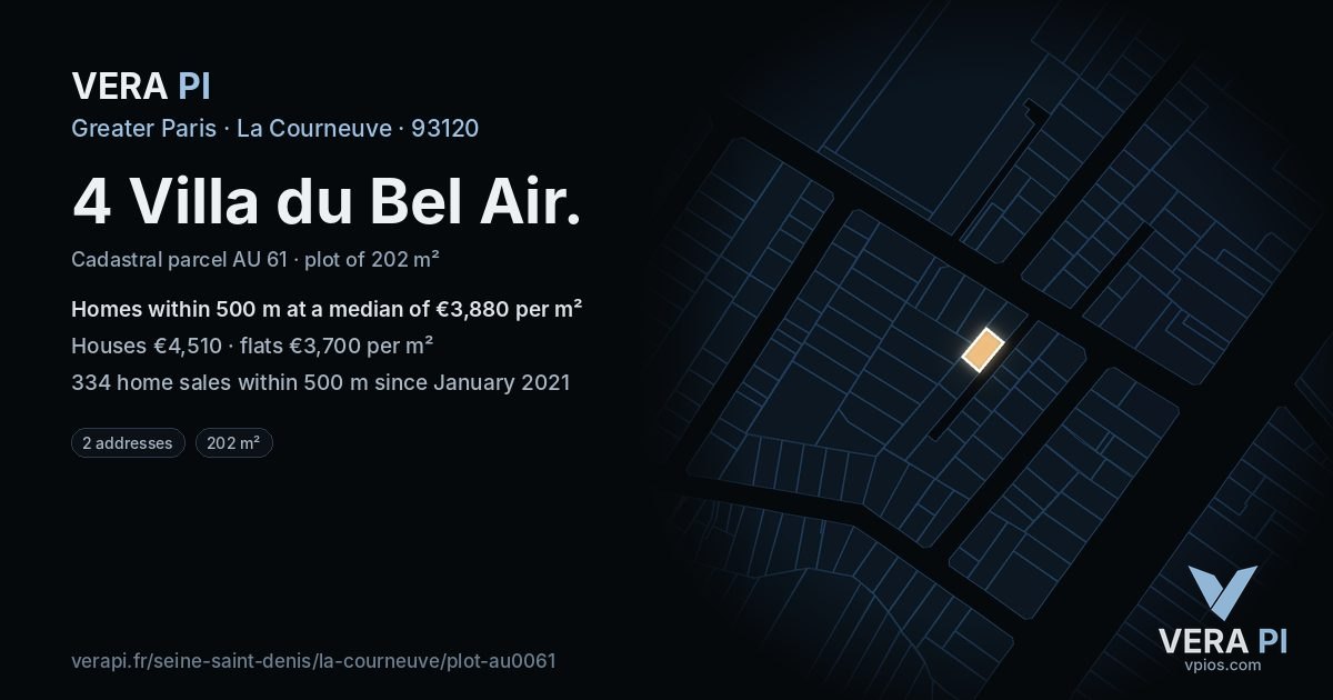 4 Villa du Bel Air, La Courneuve at night – the plot lit, the parcels around coloured by the prices near them