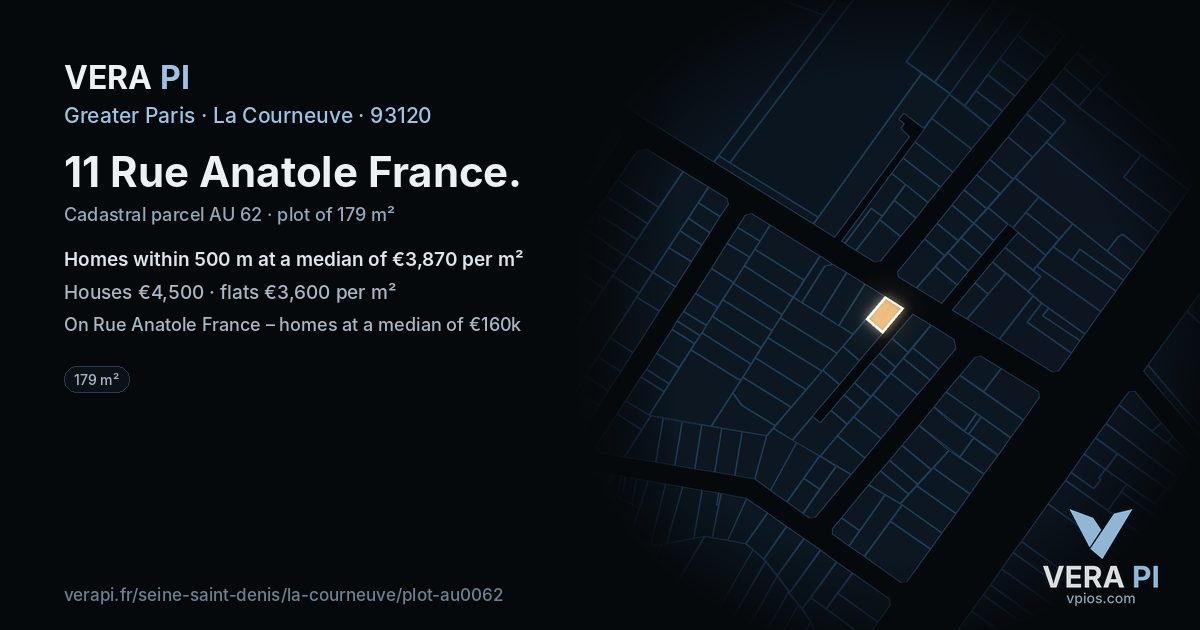 11 Rue Anatole France, La Courneuve at night – the plot lit, the parcels around coloured by the prices near them