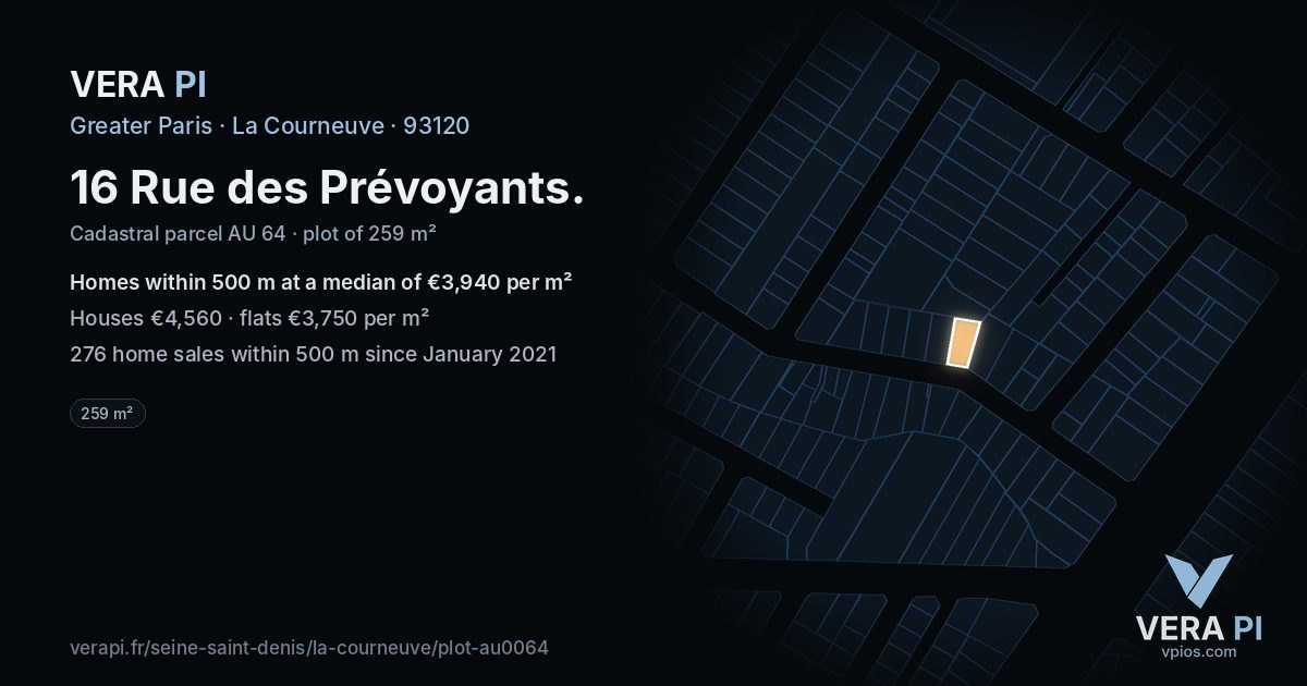 16 Rue des Prévoyants, La Courneuve at night – the plot lit, the parcels around coloured by the prices near them
