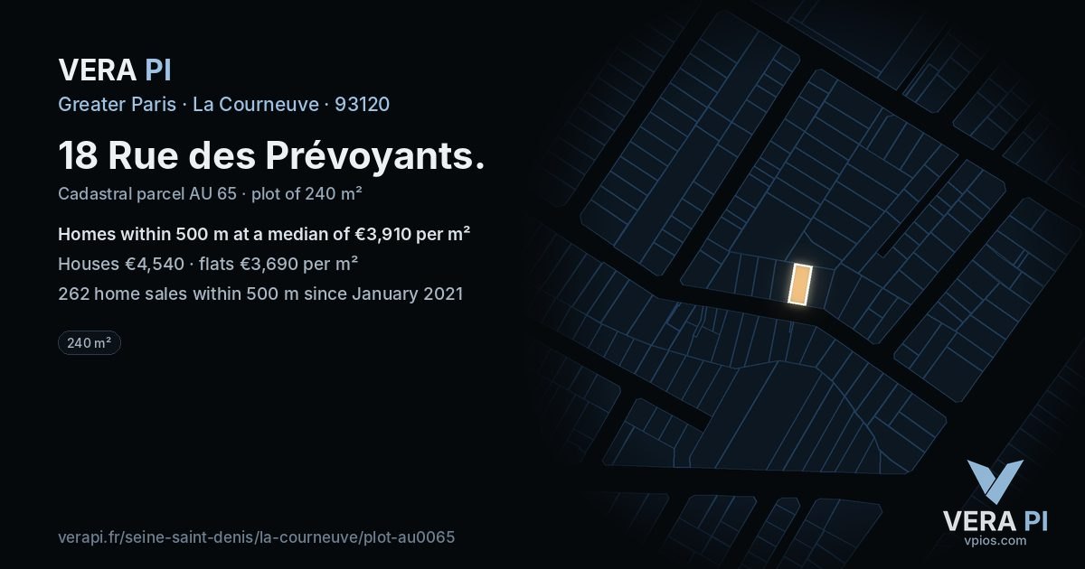 18 Rue des Prévoyants, La Courneuve at night – the plot lit, the parcels around coloured by the prices near them