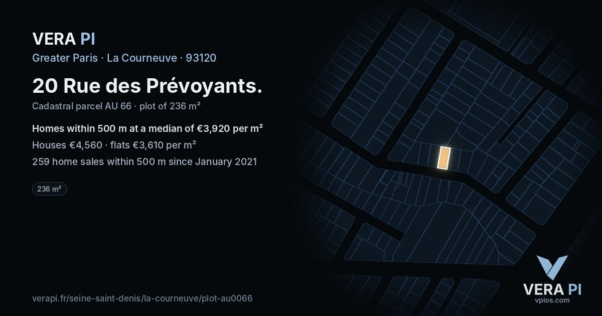 20 Rue des Prévoyants, La Courneuve at night – the plot lit, the parcels around coloured by the prices near them