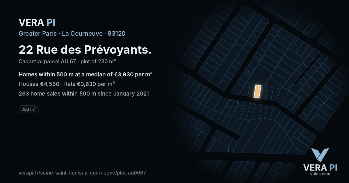 22 Rue des Prévoyants, La Courneuve at night – the plot lit, the parcels around coloured by the prices near them