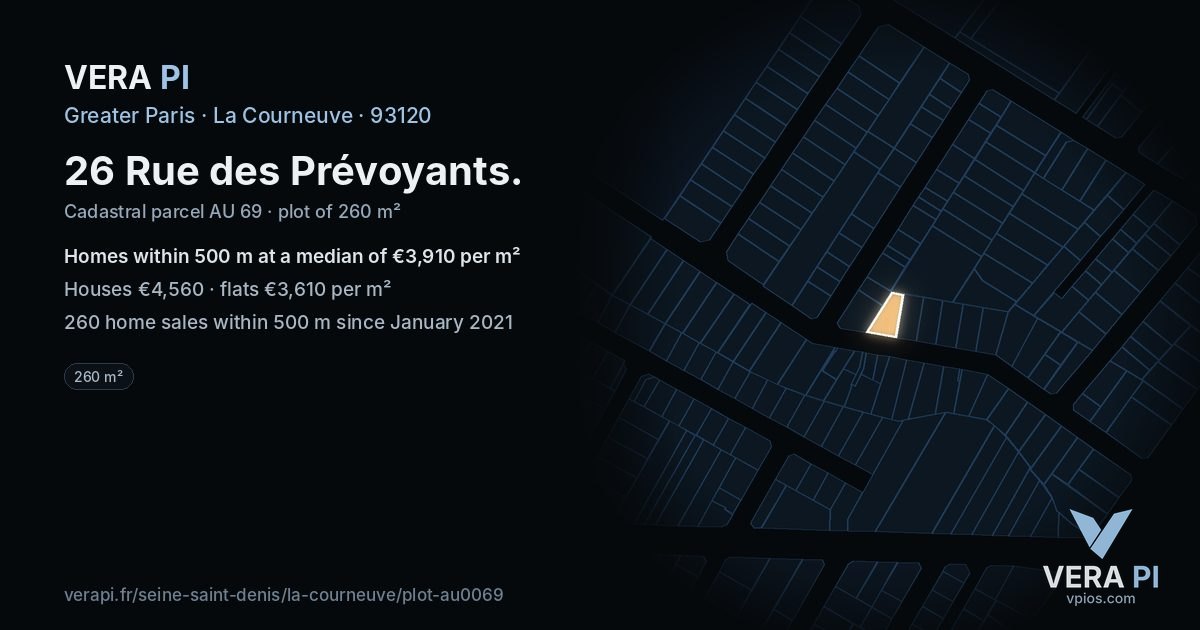26 Rue des Prévoyants, La Courneuve at night – the plot lit, the parcels around coloured by the prices near them