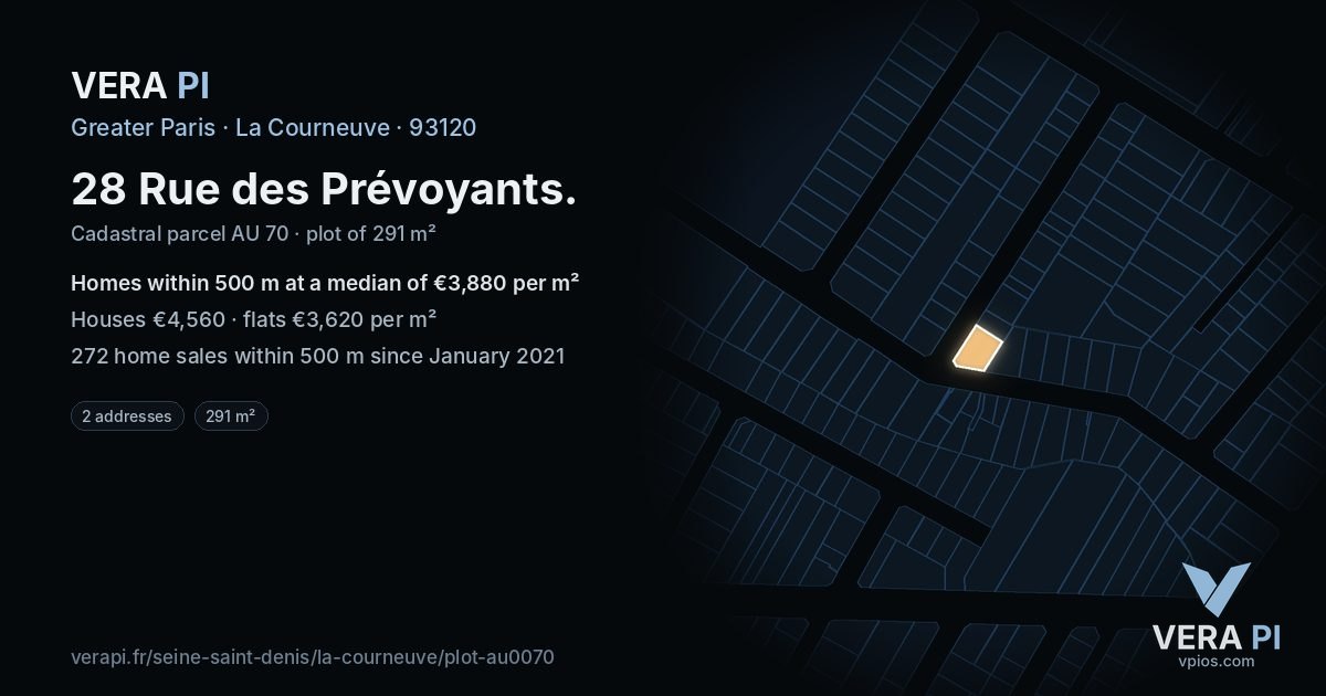28 Rue des Prévoyants, La Courneuve at night – the plot lit, the parcels around coloured by the prices near them