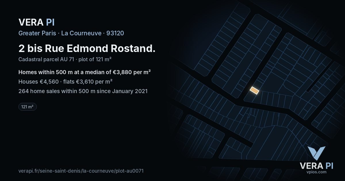 2 bis Rue Edmond Rostand, La Courneuve at night – the plot lit, the parcels around coloured by the prices near them