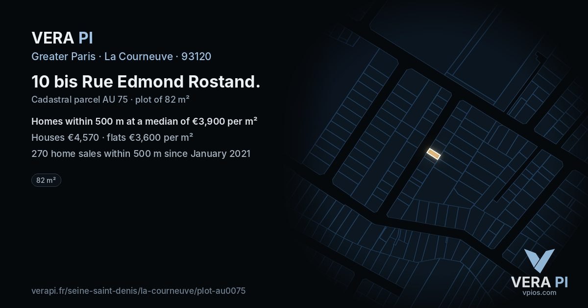 10 bis Rue Edmond Rostand, La Courneuve at night – the plot lit, the parcels around coloured by the prices near them