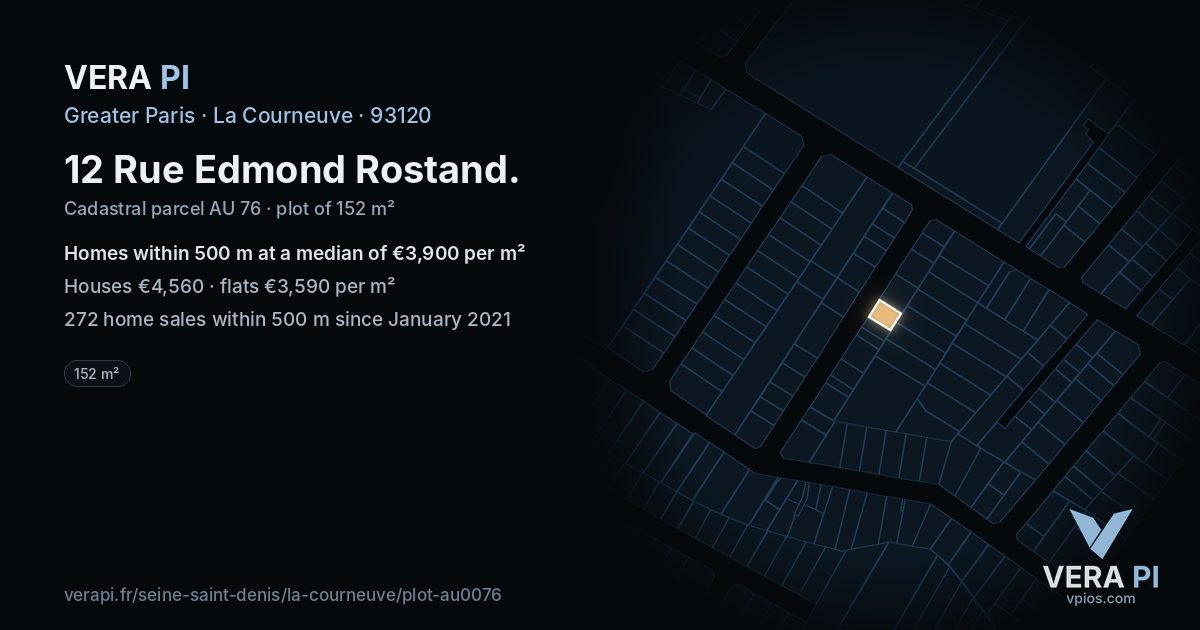 12 Rue Edmond Rostand, La Courneuve at night – the plot lit, the parcels around coloured by the prices near them