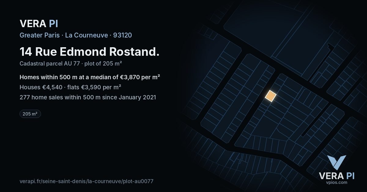 14 Rue Edmond Rostand, La Courneuve at night – the plot lit, the parcels around coloured by the prices near them