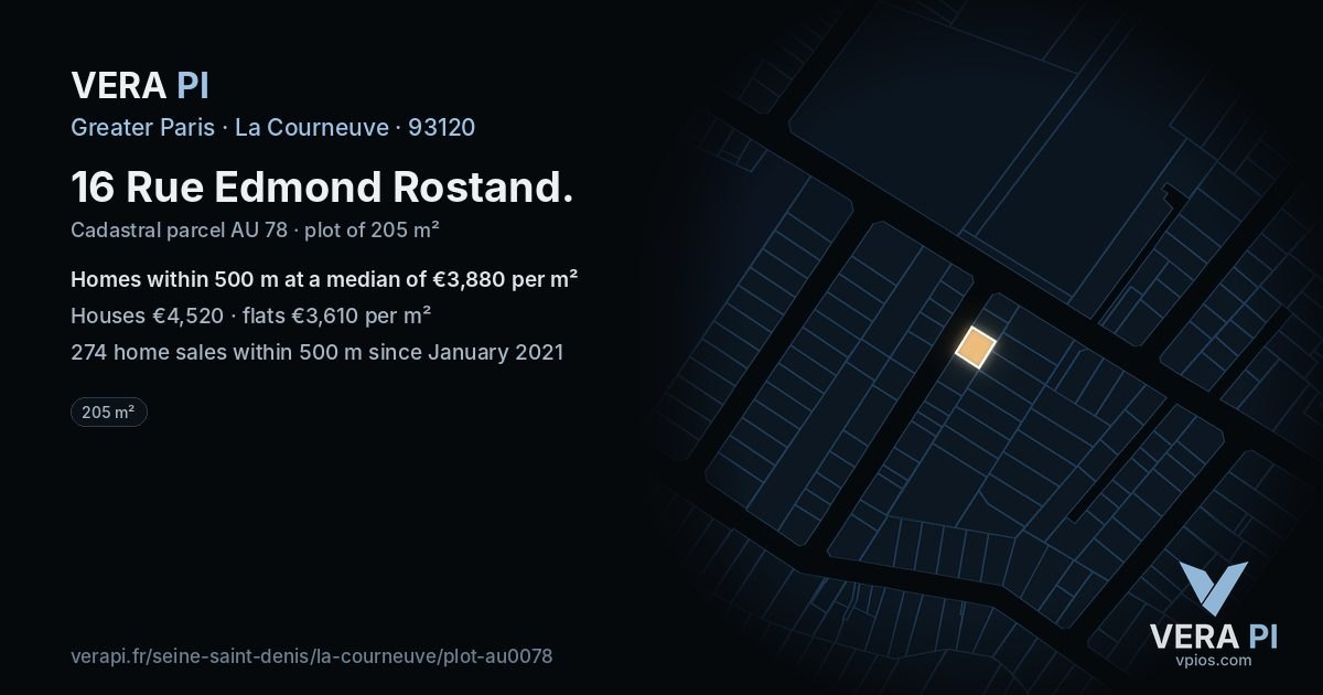 16 Rue Edmond Rostand, La Courneuve at night – the plot lit, the parcels around coloured by the prices near them