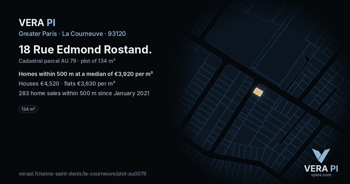 18 Rue Edmond Rostand, La Courneuve at night – the plot lit, the parcels around coloured by the prices near them