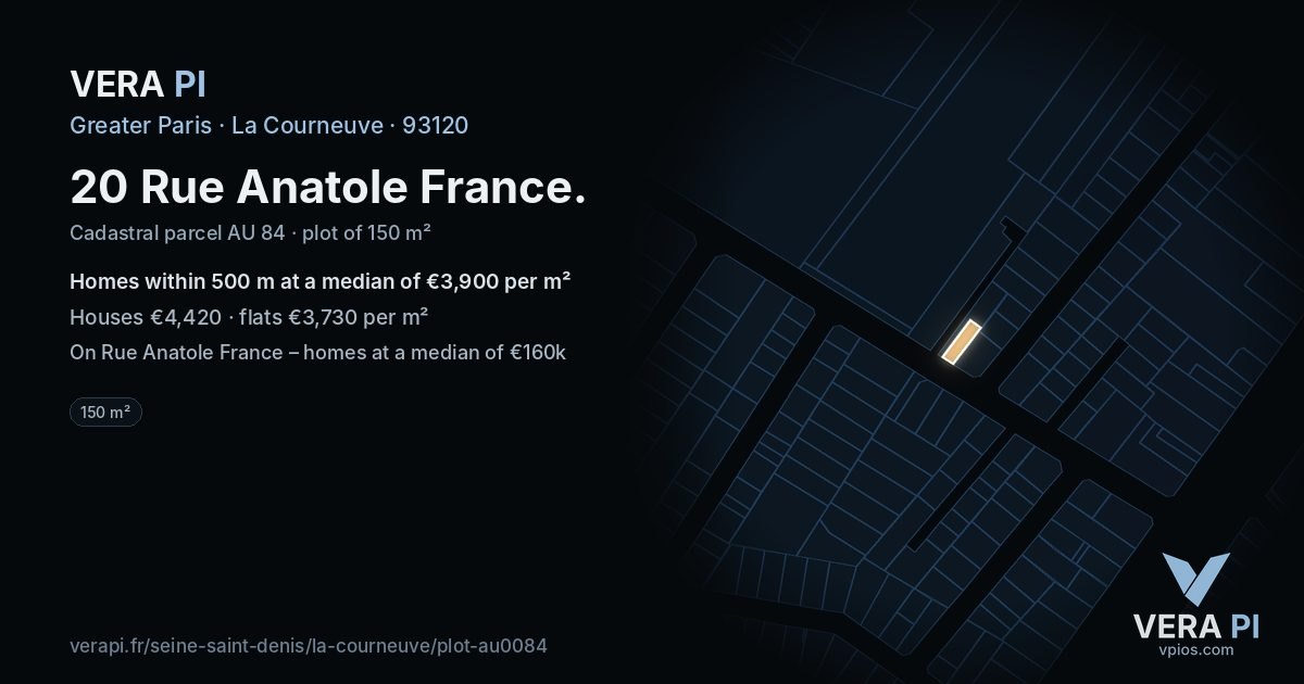 20 Rue Anatole France, La Courneuve at night – the plot lit, the parcels around coloured by the prices near them