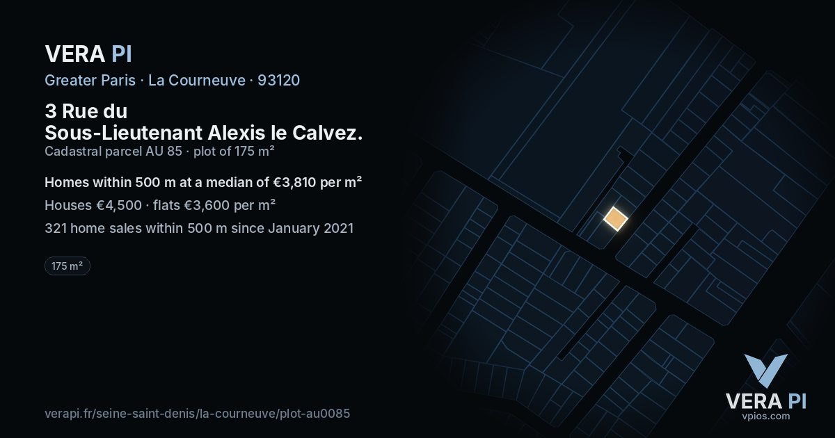 3 Rue du Sous-Lieutenant Alexis le Calvez, La Courneuve at night – the plot lit, the parcels around coloured by the prices near them