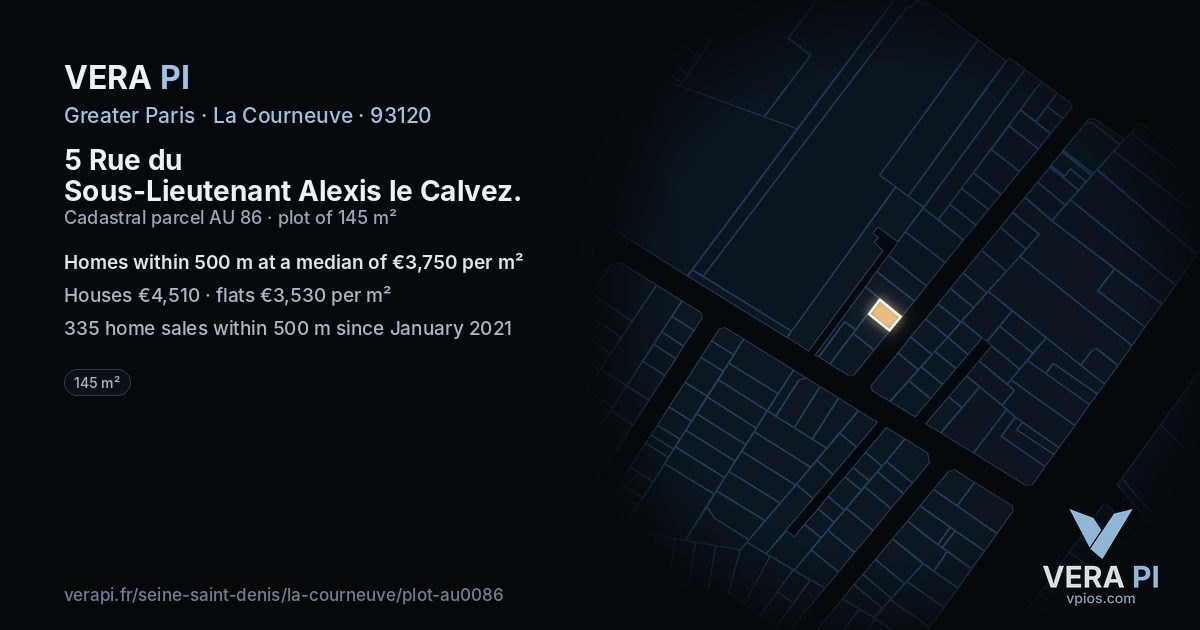 5 Rue du Sous-Lieutenant Alexis le Calvez, La Courneuve at night – the plot lit, the parcels around coloured by the prices near them